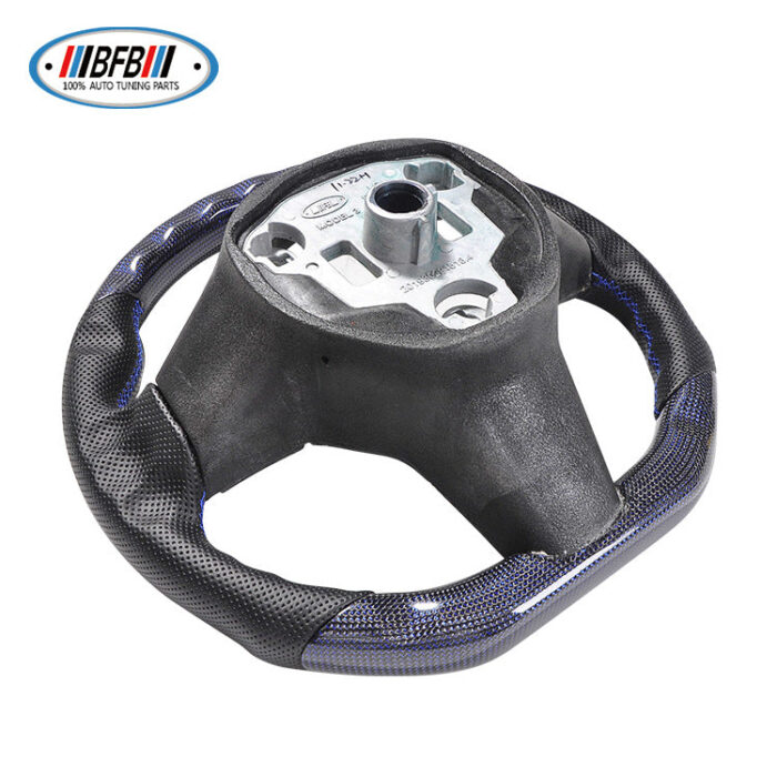 100% Real Carbon Fiber Blue Glossy Black Perforated Steering Wheel Cover - For Tesla Model 3 Y - Blue Leather Stitching Modification