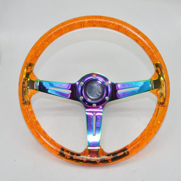 Racing Acrylic Steering Wheel - 350MM 14 Inch Modified Car Competition Transparent Bubble Blue Baked Chrome Color Spokes - One Piece