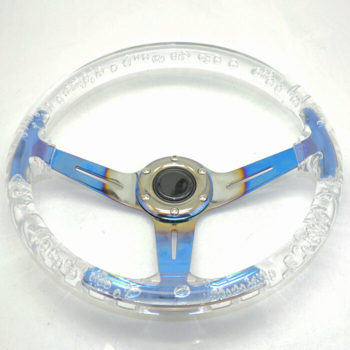 Racing Acrylic Steering Wheel - 350MM 14 Inch Modified Car Competition Transparent Bubble Blue Baked Chrome Color Spokes - One Piece