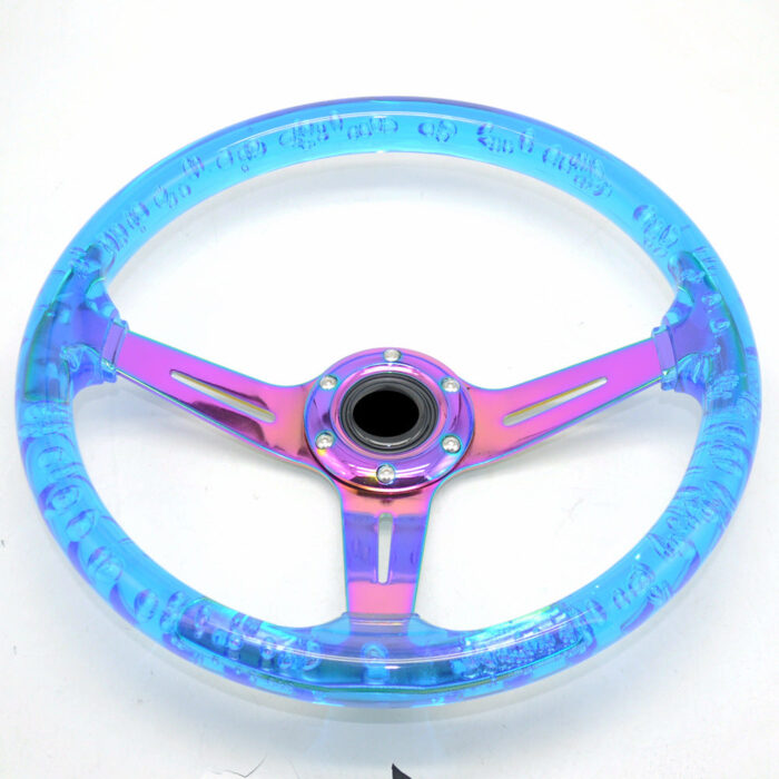 Racing Acrylic Steering Wheel - 350MM 14 Inch Modified Car Competition Transparent Bubble Blue Baked Chrome Color Spokes - One Piece