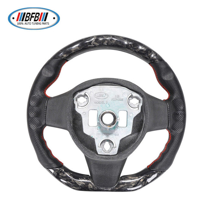 100% Real Carbon Fiber Steering Wheel Modification - For Tesla Model 3/Y - Black Perforated Leather Red Stitching Marble Forged Pattern