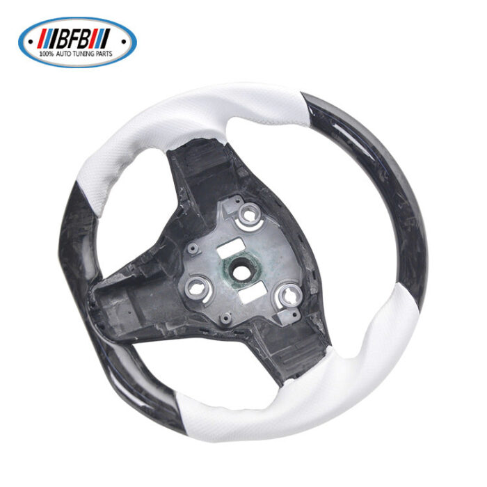 100% Real Carbon Fiber Forged White Steering Wheel with White Stitching - For Tesla Model Y