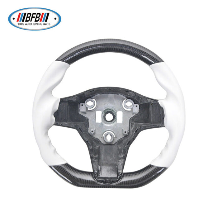 100% Real Carbon Fiber Black Steering Wheel with White Stitching and No Holes - For Tesla Model 3 Y - Modification