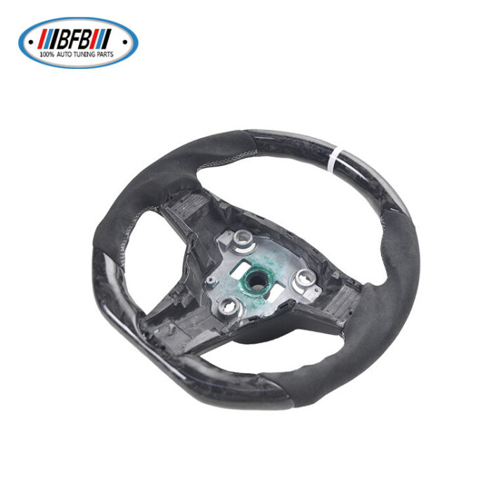 100% Real Carbon Fiber Forged Suede Steering Wheel with White Stitching and White Center Mark - For Tesla Model 3 Y - Modification