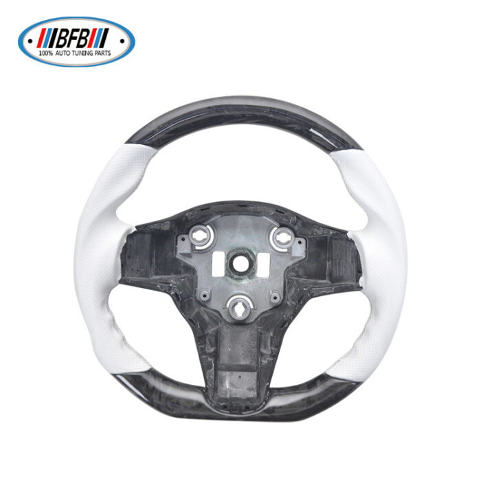 100% Real Carbon Fiber Forged White Steering Wheel with White Stitching - For Tesla Model Y