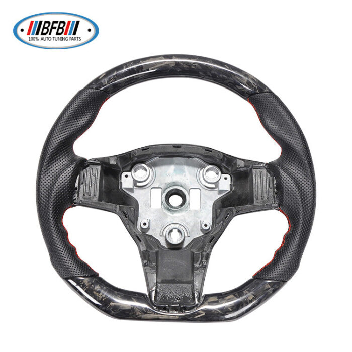 100% Real Carbon Fiber Steering Wheel Modification - For Tesla Model 3/Y - Black Perforated Leather Red Stitching Marble Forged Pattern