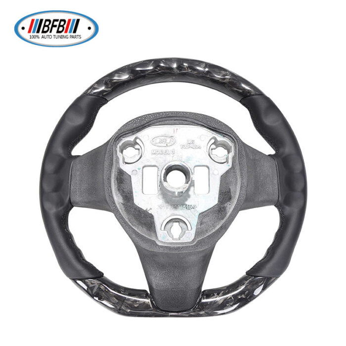 100% Real Carbon Fiber Steering Wheel Modification - For Tesla Model 3/Y - Black No-Hole Leather Black Stitching Marble Forged Pattern