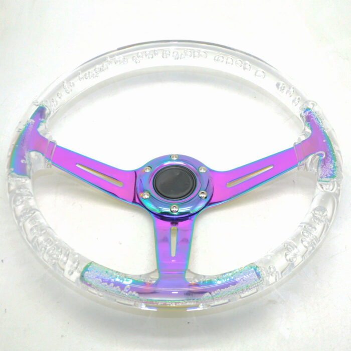 Racing Acrylic Steering Wheel - 350MM 14 Inch Modified Car Competition Transparent Bubble Blue Baked Chrome Color Spokes - One Piece