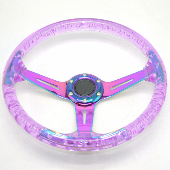 Racing Acrylic Steering Wheel - 350MM 14 Inch Modified Car Competition Transparent Bubble Blue Baked Chrome Color Spokes - One Piece