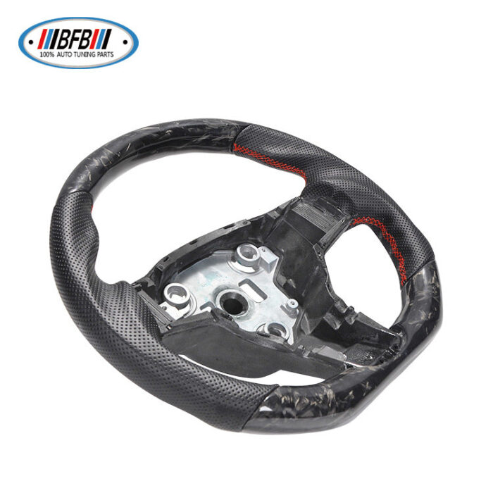 100% Real Carbon Fiber Steering Wheel Modification - For Tesla Model 3/Y - Black Perforated Leather Red Stitching Marble Forged Pattern
