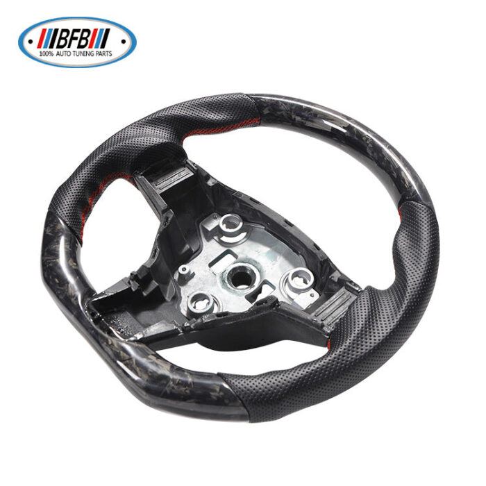 100% Real Carbon Fiber Steering Wheel Modification - For Tesla Model 3/Y - Black Perforated Leather Red Stitching Marble Forged Pattern