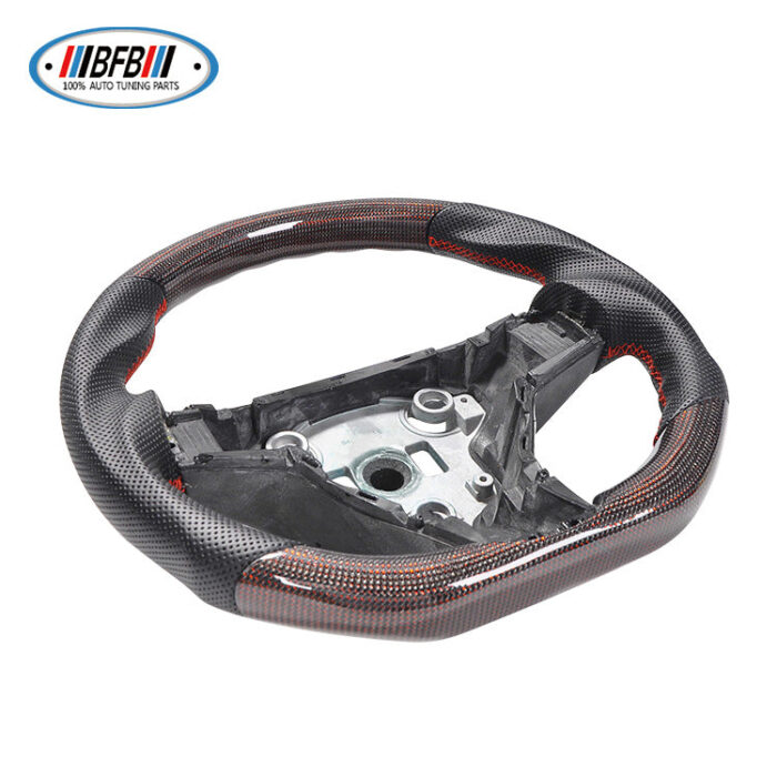 100% Real Carbon Fiber Forged Steering Wheel with Black Perforated Leather and Red Stitching - For Tesla Model 3 Y - Modification