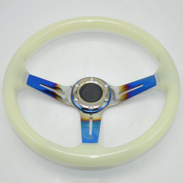 Acrylic Glow-in-the-Dark Steering Wheel - 350MM 14 Inch 6 Hole Universal Blue Baked Chrome Color Spokes - One Piece