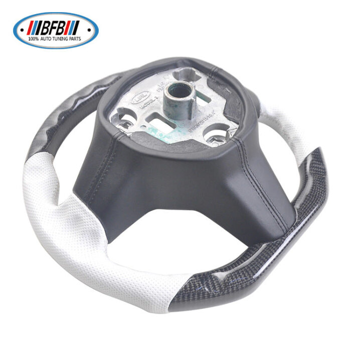 100% Real Carbon Fiber Black Steering Wheel with White Stitching and Perforations - For Tesla Model 3 Y - Modification