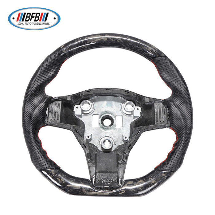 100% Real Carbon Fiber Forged Steering Wheel with Black Perforated Leather and Red Stitching - For Tesla Model Y - Modification