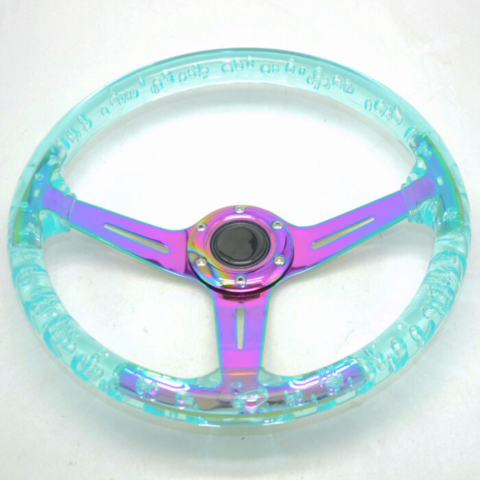 Racing Acrylic Steering Wheel - 350MM 14 Inch Modified Car Competition Transparent Bubble Blue Baked Chrome Color Spokes - One Piece