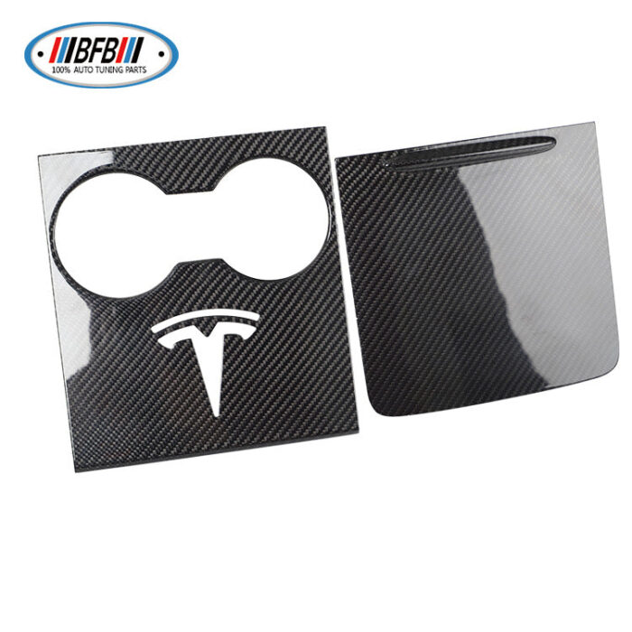 100% Real Carbon Fiber Center Console Panel Cup Holder Cover Storage Box Lid - For New Tesla Model Y and Model 3
