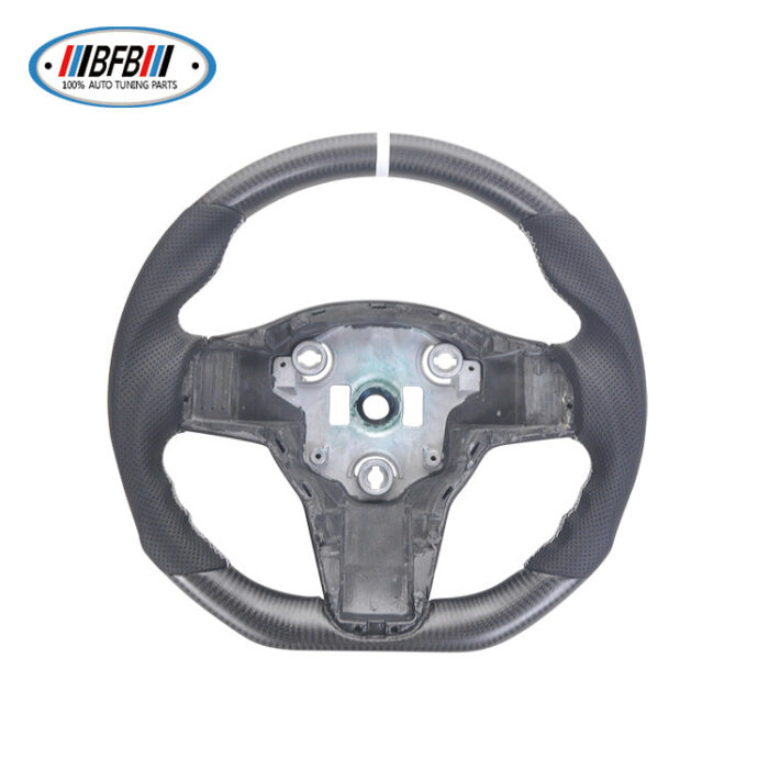 100% Real Carbon Fiber Matte Black Steering Wheel with White Stitching and Perforations - For Tesla Model 3 Y - Modification