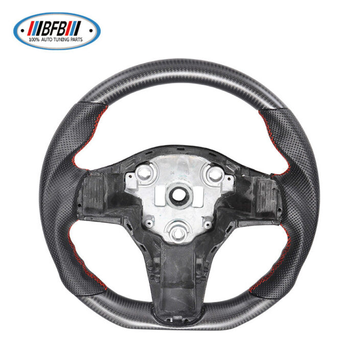 100% Real Carbon Fiber Matte Black Perforated Steering Wheel Cover - For Tesla Model 3 Y - Red Leather Stitching Modification