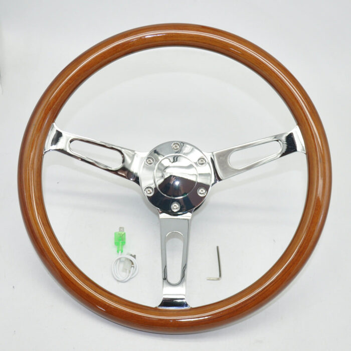 Classic Vintage Car Steering Wheel - 350MM 14 Inch 6 Hole Universal Brown Stainless Steel Spokes Bright Chrome Wood - One Piece