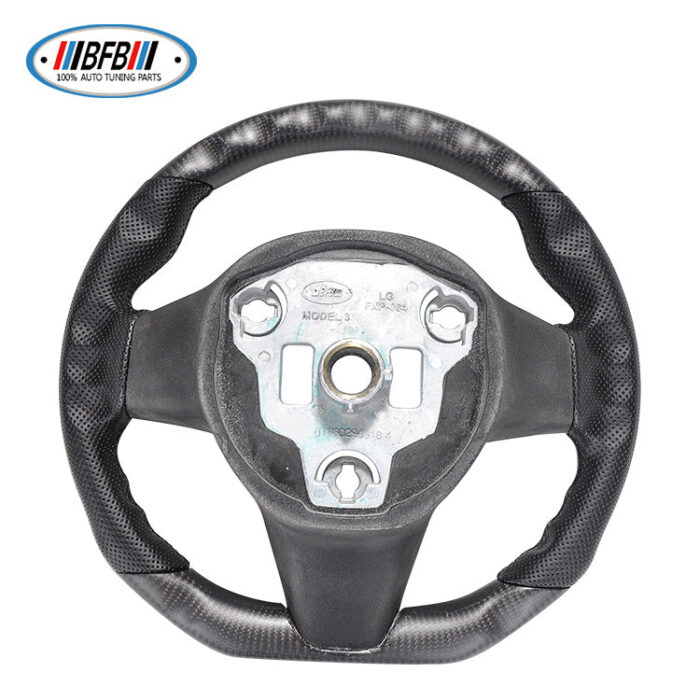 100% Real Carbon Fiber Matte Black Steering Wheel with Black Stitching and Perforations - For Tesla Model 3 Y - Modification