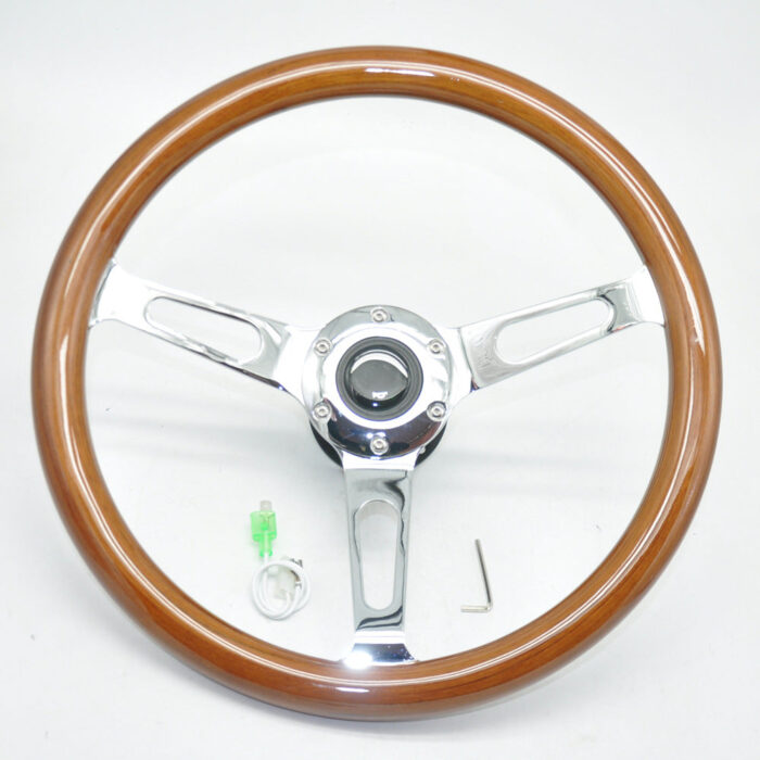 Classic Vintage Car Steering Wheel - 350MM 14 Inch 6 Hole Universal Brown Stainless Steel Spokes Bright Chrome Wood - One Piece