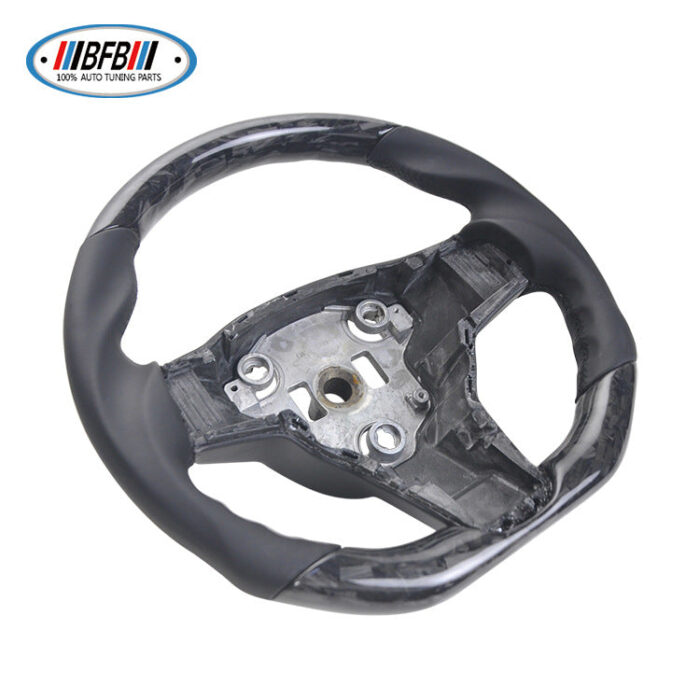 100% Real Carbon Fiber Forged Steering Wheel with Black Leather and Black Stitching - For Tesla Model Y - Modification