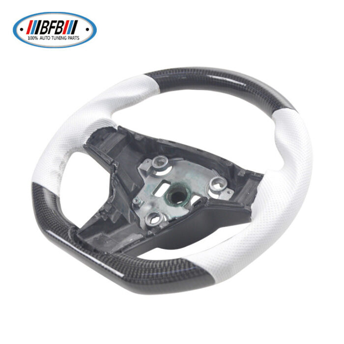 100% Real Carbon Fiber Black Steering Wheel with White Stitching and Perforations - For Tesla Model 3 Y - Modification