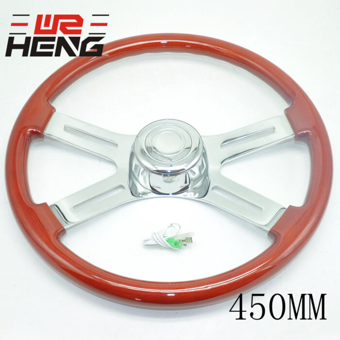 Truck Steering Wheel - Classic Red Brown Stainless Steel Bright Spokes Bright Plated Peach Wood 450MM 18 Inch