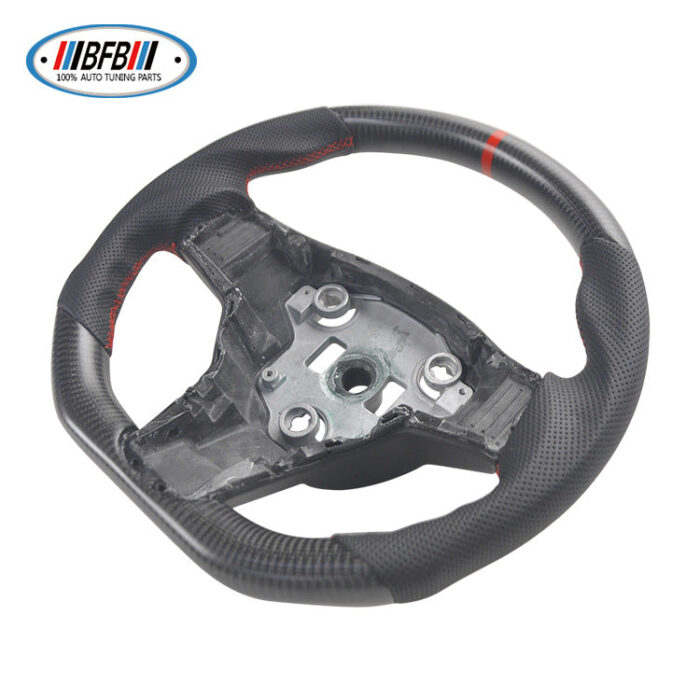 100% Real Carbon Fiber Matte Black Perforated Steering Wheel with Red Stitching and Red Logo - For Tesla Model 3 Y
