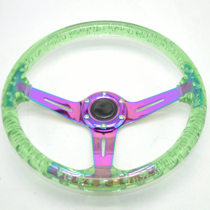 Racing Acrylic Steering Wheel - 350MM 14 Inch Modified Car Competition Transparent Bubble Blue Baked Chrome Color Spokes - One Piece
