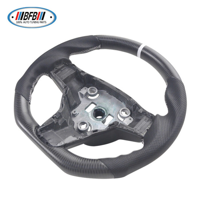 100% Real Carbon Fiber Matte Black Steering Wheel with White Stitching and Perforations - For Tesla Model 3 Y - Modification