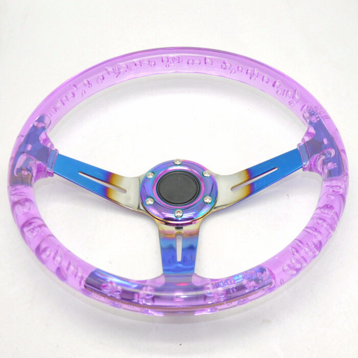 Racing Acrylic Steering Wheel - 350MM 14 Inch Modified Car Competition Transparent Bubble Blue Baked Chrome Color Spokes - One Piece