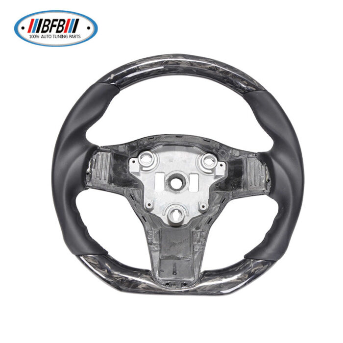 100% Real Carbon Fiber Steering Wheel Modification - For Tesla Model 3/Y - Black No-Hole Leather Black Stitching Marble Forged Pattern
