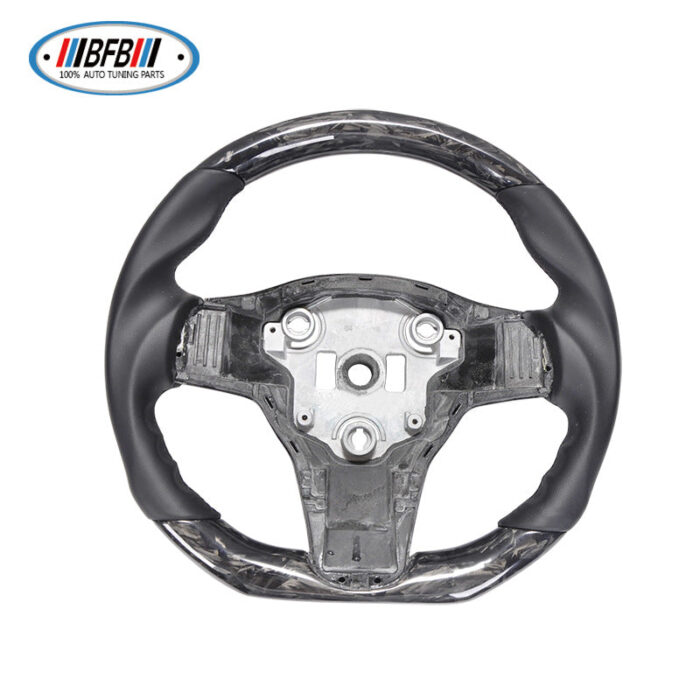 100% Real Carbon Fiber Steering Wheel Modification - For Tesla Model 3/Y - Black No-Hole Leather Black Stitching Marble Forged Pattern - Image 1