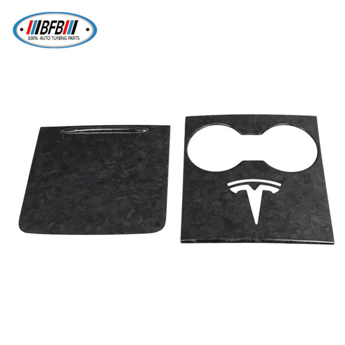 100% Real Carbon Fiber Center Console Panel Cup Holder Cover Storage Box Cover - For Tesla Model Y 3 - Forged Pattern New Version
