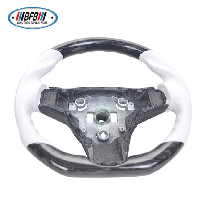 100% Real Carbon Fiber Forged White Steering Wheel with White Stitching - For Tesla Model Y