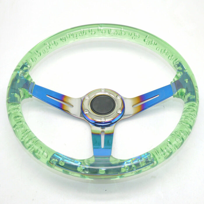 Racing Acrylic Steering Wheel - 350MM 14 Inch Modified Car Competition Transparent Bubble Blue Baked Chrome Color Spokes - One Piece