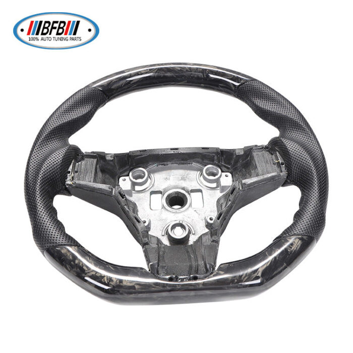 100% Real Carbon Fiber Forged Steering Wheel with Black Perforated Leather and Black Stitching - For Tesla Model Y - Modification