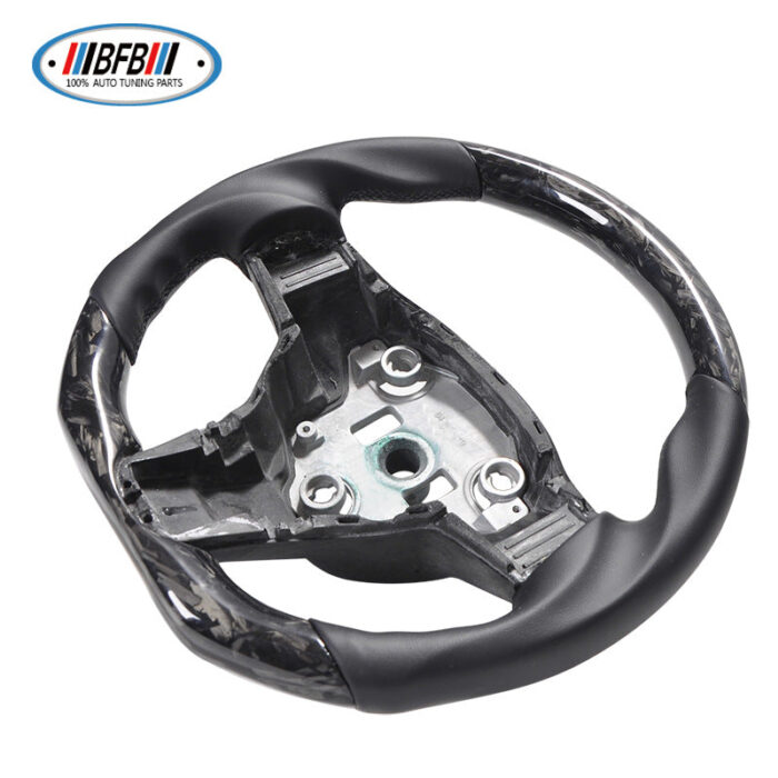 100% Real Carbon Fiber Steering Wheel Modification - For Tesla Model 3/Y - Black No-Hole Leather Black Stitching Marble Forged Pattern
