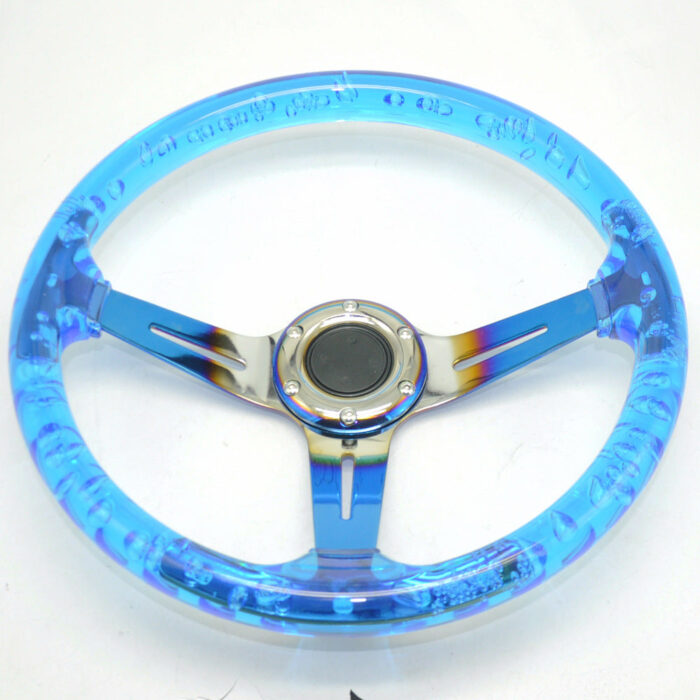 Racing Acrylic Steering Wheel - 350MM 14 Inch Modified Car Competition Transparent Bubble Blue Baked Chrome Color Spokes - One Piece