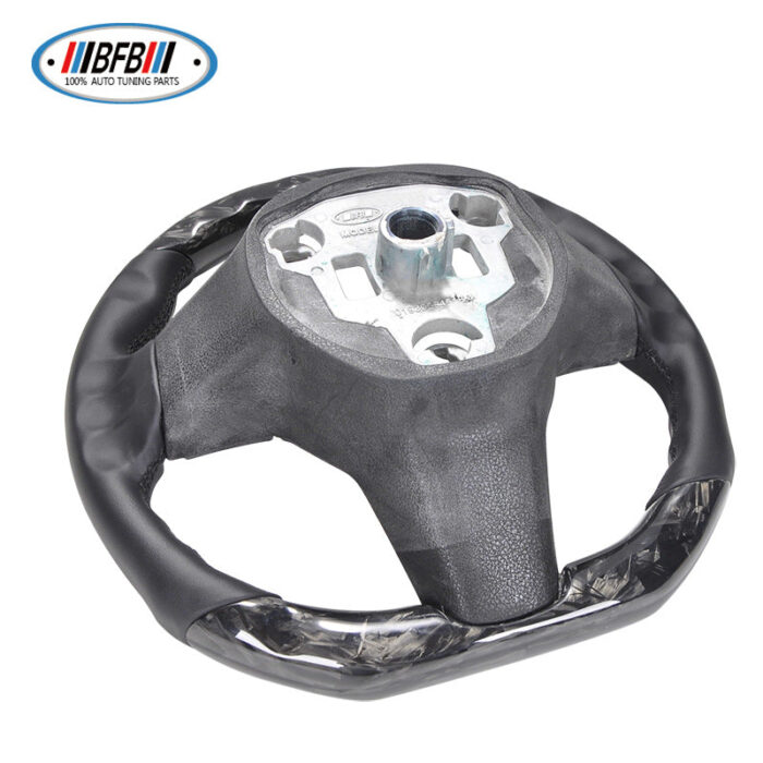 100% Real Carbon Fiber Steering Wheel Modification - For Tesla Model 3/Y - Black No-Hole Leather Black Stitching Marble Forged Pattern