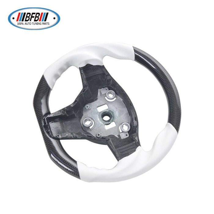 100% Real Carbon Fiber Forged Steering Wheel with White Leather and White Stitching - For Tesla Model Y - Modification