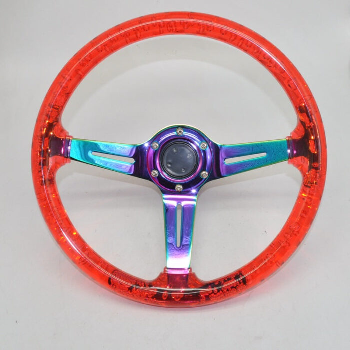 Racing Acrylic Steering Wheel - 350MM 14 Inch Modified Car Competition Transparent Bubble Blue Baked Chrome Color Spokes - One Piece