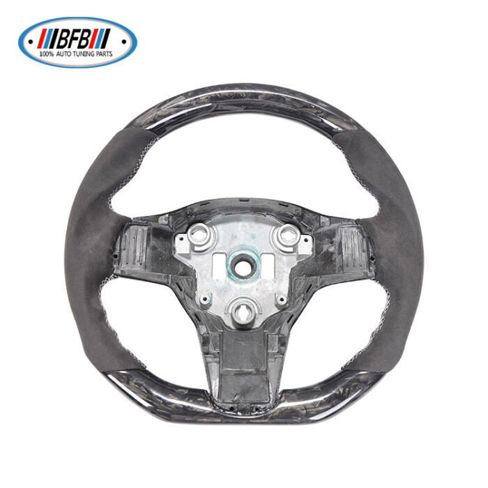 100% Real Carbon Fiber Forged Black Steering Wheel with Brown Stitching - For Tesla Model Y