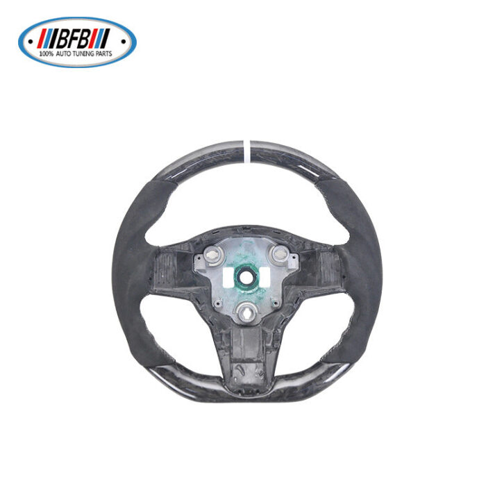 100% Real Carbon Fiber Forged Suede Steering Wheel with White Stitching and White Center Mark - For Tesla Model 3 Y - Modification