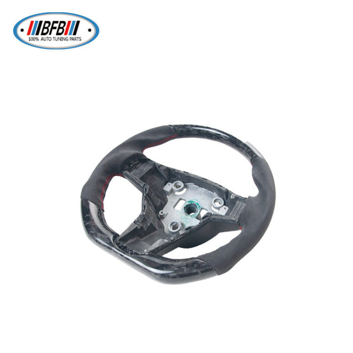 100% Real Carbon Fiber Forged Black Suede Steering Wheel with Red Stitching - For Tesla Model Y