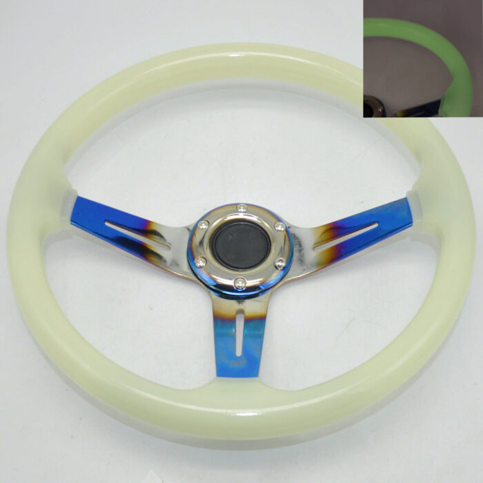 Acrylic Glow-in-the-Dark Steering Wheel - 350MM 14 Inch 6 Hole Universal Blue Baked Chrome Color Spokes - One Piece