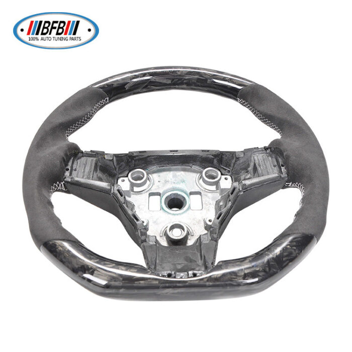 100% Real Carbon Fiber Forged Suede Steering Wheel with White Stitching - For Tesla Model Y