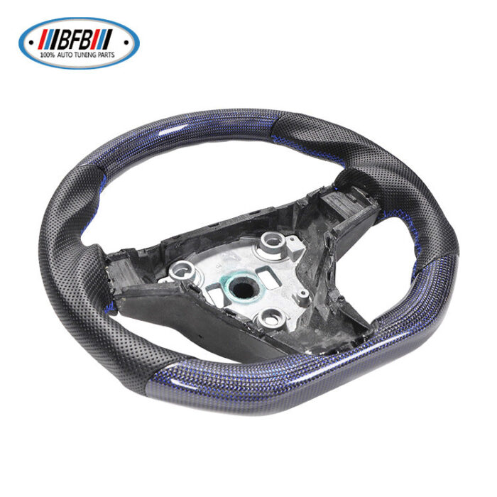 100% Real Carbon Fiber Forged Steering Wheel with Black Perforated Leather and Blue Stitching - For Tesla Model Y - Modification